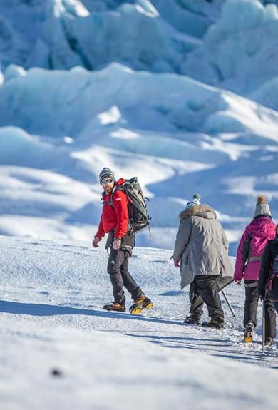 A group of people glacier walking with an Icelandic Mountain Guide