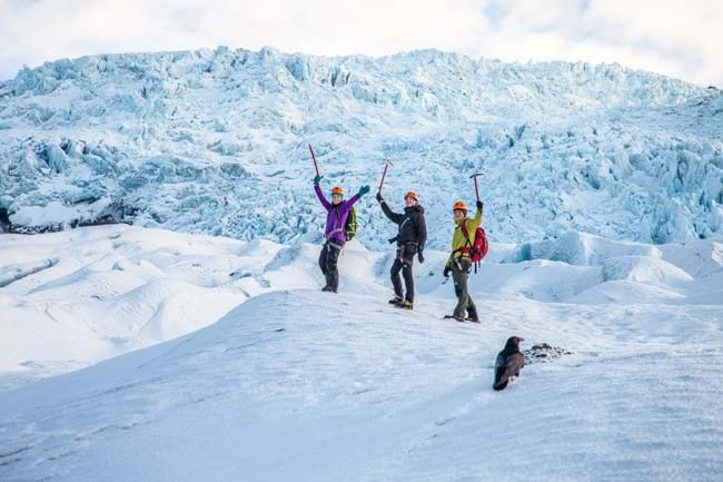 A group on Falljökull glacier in winter.