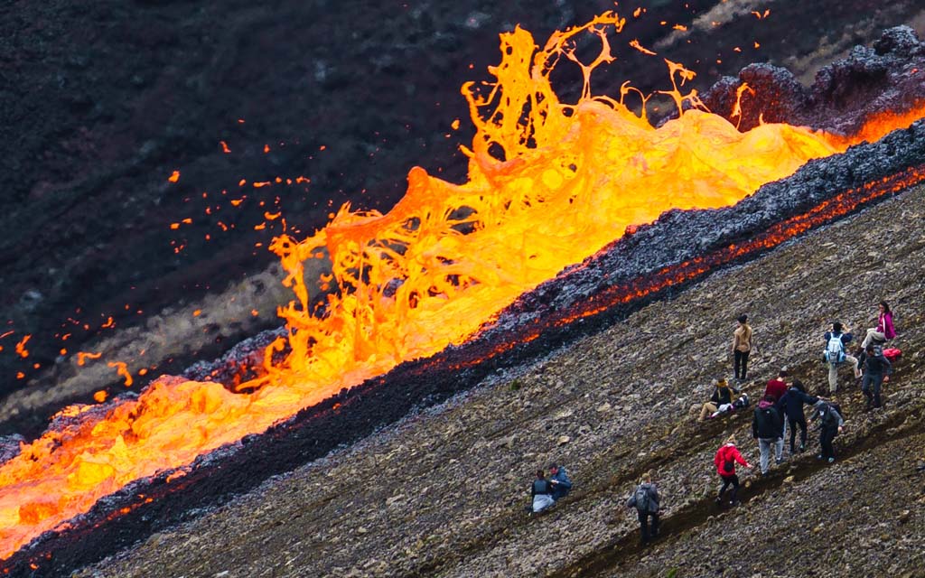 Hikers watching the eruption from up close
