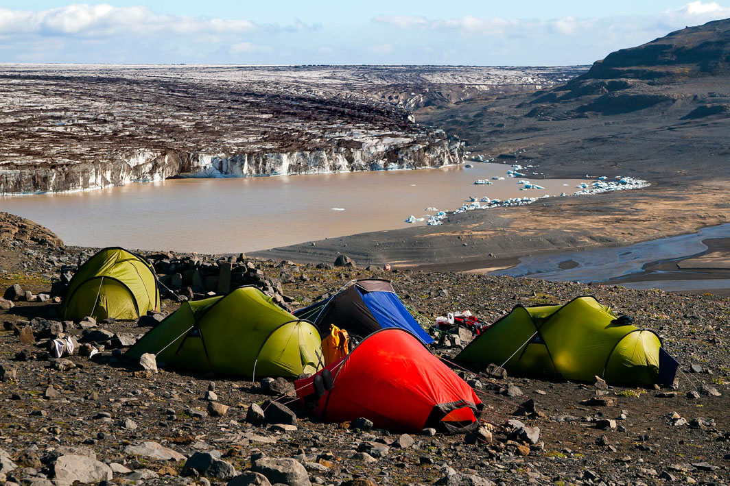 Tents next to a glacier in Iceland